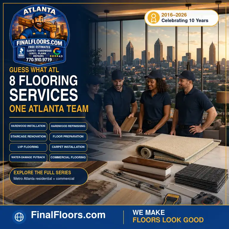 Final Floors LLC Metro Atlanta flooring team with hardwood, carpet, luxury vinyl plank and commercial flooring samples representing eight flooring services