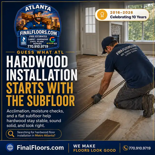 Final Floors hardwood installation card showing a flooring professional installing wood planks over a prepared subfloor in a Metro Atlanta home