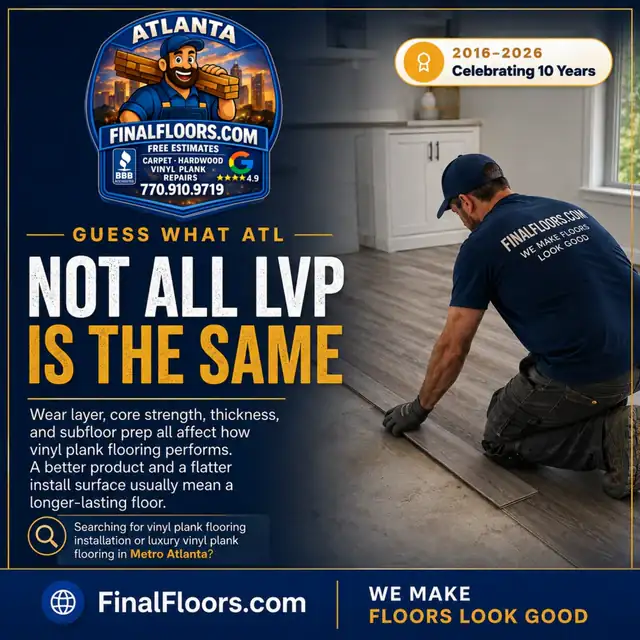 Final Floors luxury vinyl plank card showing a flooring professional installing LVP in a Metro Atlanta kitchen