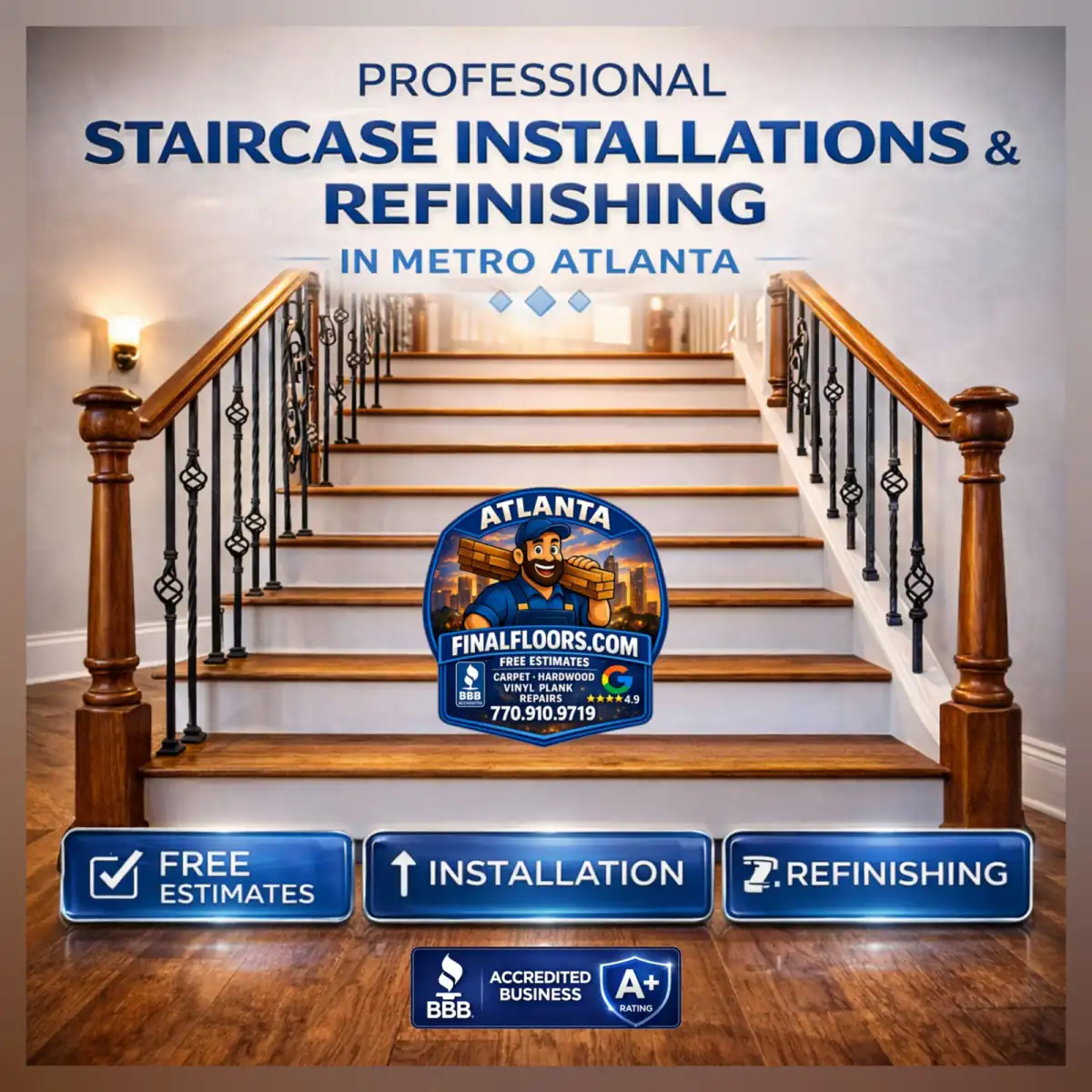 Final Floors hardwood staircase refinishing project with hardwood treads and iron balusters in Buckhead Atlanta