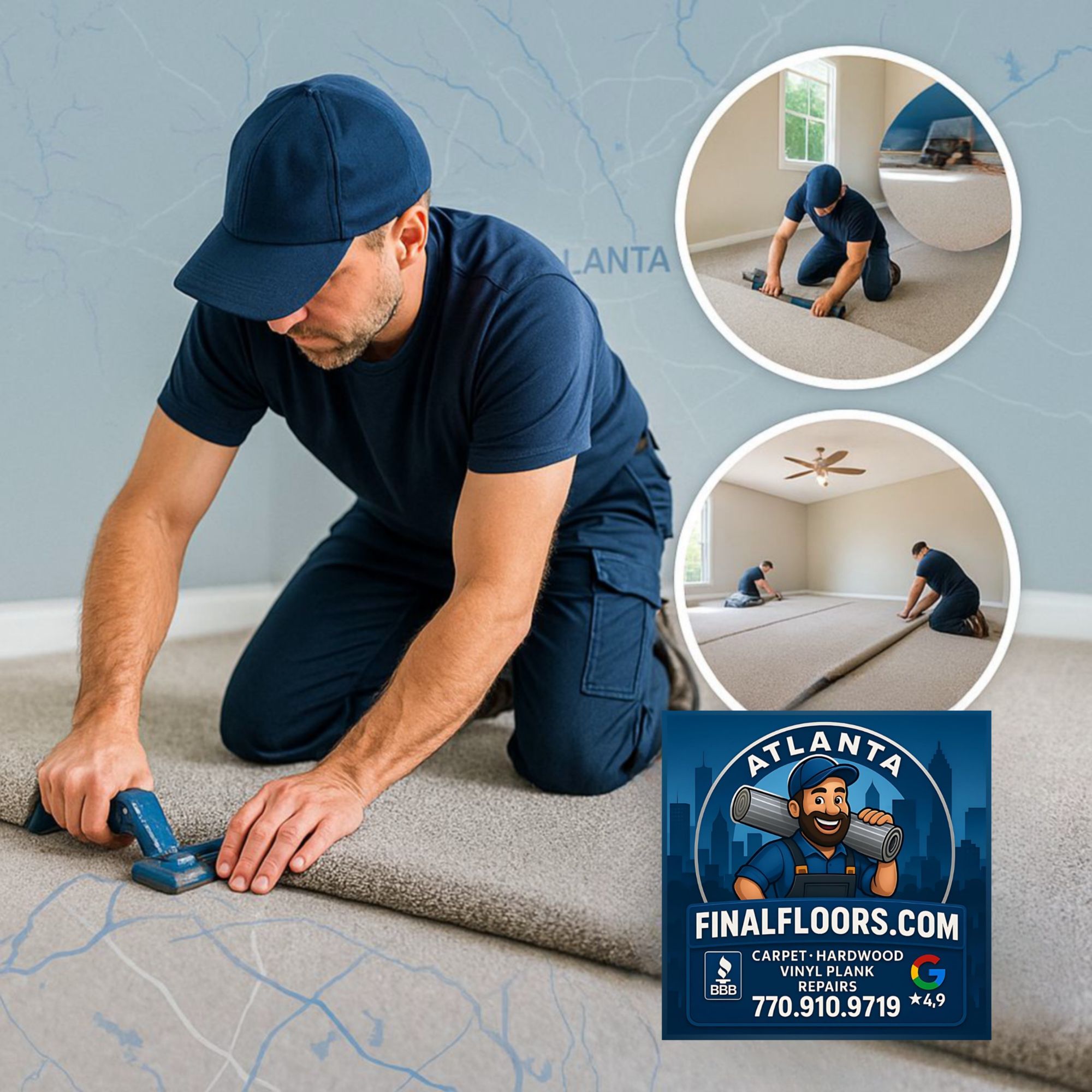 Final Floors carpet installation project in Metro Atlanta showcasing our licensed in-house team installing brand new carpet with precision and care. This image highlights a flooring professional using specialized tools to stretch and secure carpet in a bright residential room, with additional inset images showing multiple stages of installation including trimming, priming, and power stretching. Our Atlanta flooring services include carpet installation, luxury vinyl plank installs, hardwood refinishing, laminate flooring, subfloor repairs, and water damage restoration. We proudly serve Alpharetta, Roswell, Sandy Springs, Johns Creek, Brookhaven, Buckhead, Milton, East Cobb, Suwanee, Duluth, Decatur, Kennesaw, Cumming, Norcross, Lawrenceville, and Lilburn. Final Floors is A+ BBB Accredited with a 4.9-star Google rating and trusted by homeowners, property managers, and real estate professionals across Metro Atlanta. Contact Final Floors at 770-910-9719 or visit FinalFloors.com for your free estimate today.