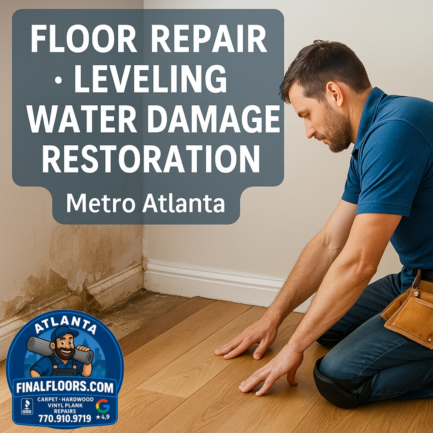 A flooring professional from Final Floors LLC repairing hardwood damaged by water in a Metro Atlanta home, illustrating expert floor repair, subfloor leveling, and water damage restoration services across Roswell, Alpharetta, Johns Creek, and surrounding Georgia areas.