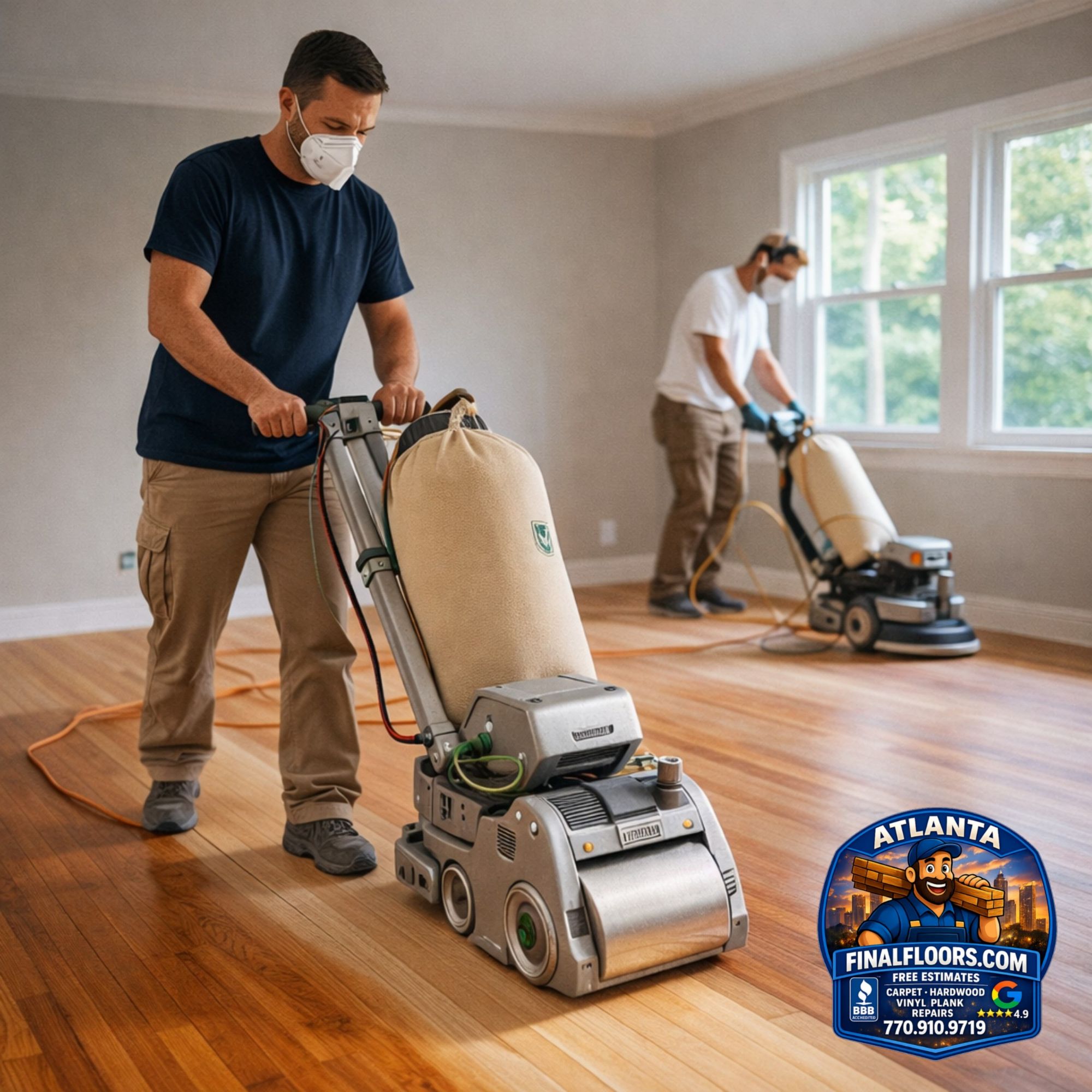 Atlanta hardwood floor refinishing done with precision and dust controlled equipment to restore natural beauty, smooth texture, and long lasting performance in Metro Atlanta homes.